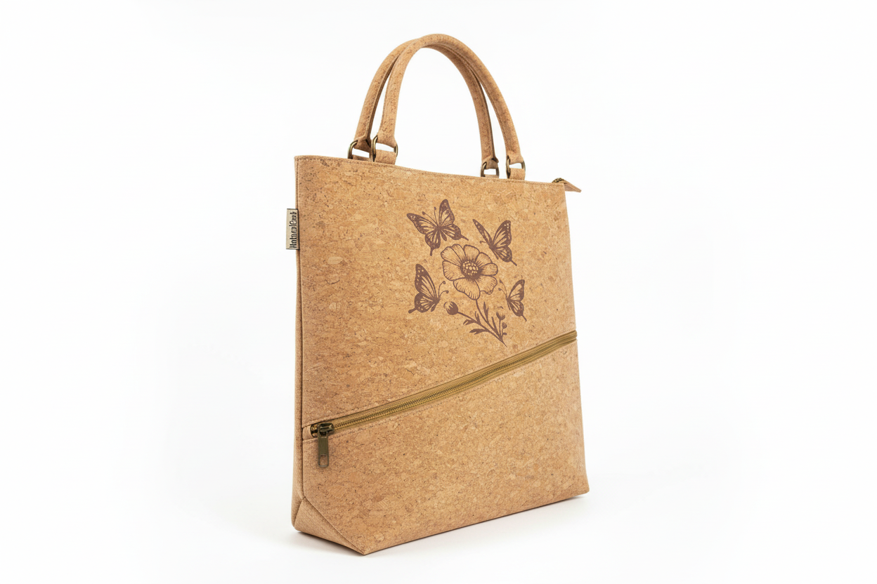 Natural cork tote bag with butterflies and flower on white background