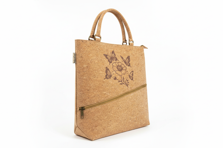Natural cork tote bag with butterflies and flower on white background