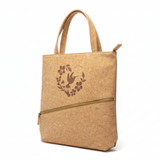 Natural cork tote bag with hummingbird and floral heart on white background