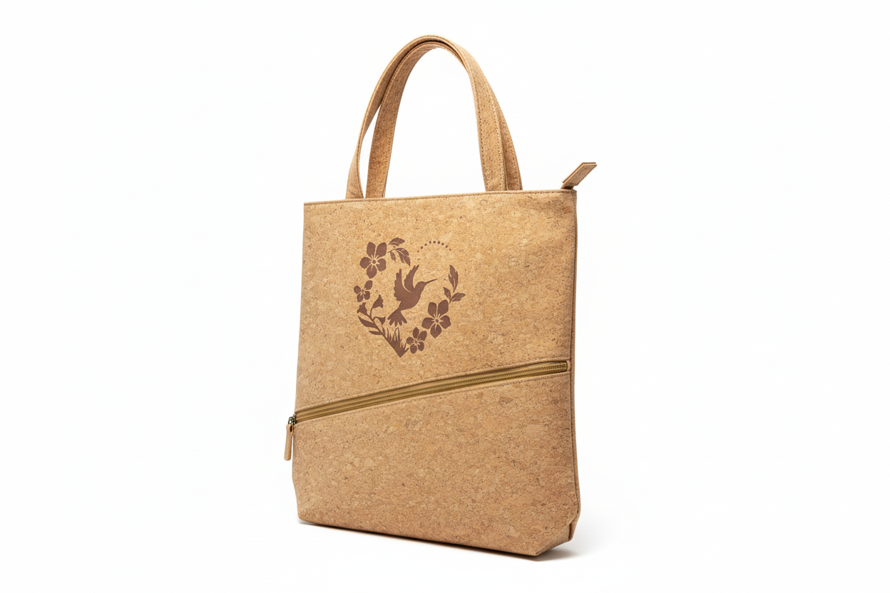 Natural cork tote bag with hummingbird and floral heart on white background