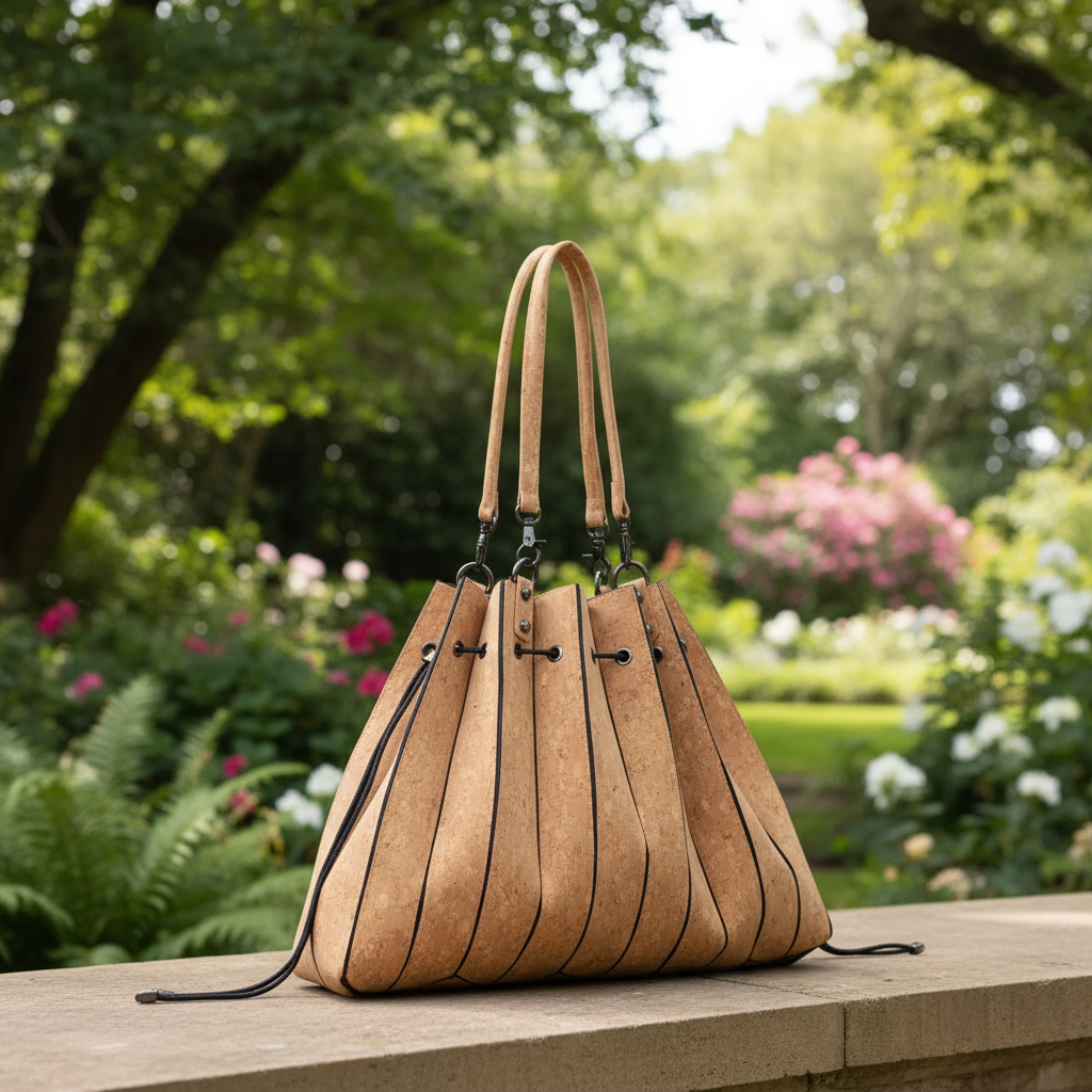Natural cork pleated tote handbag with shoulder strap front view