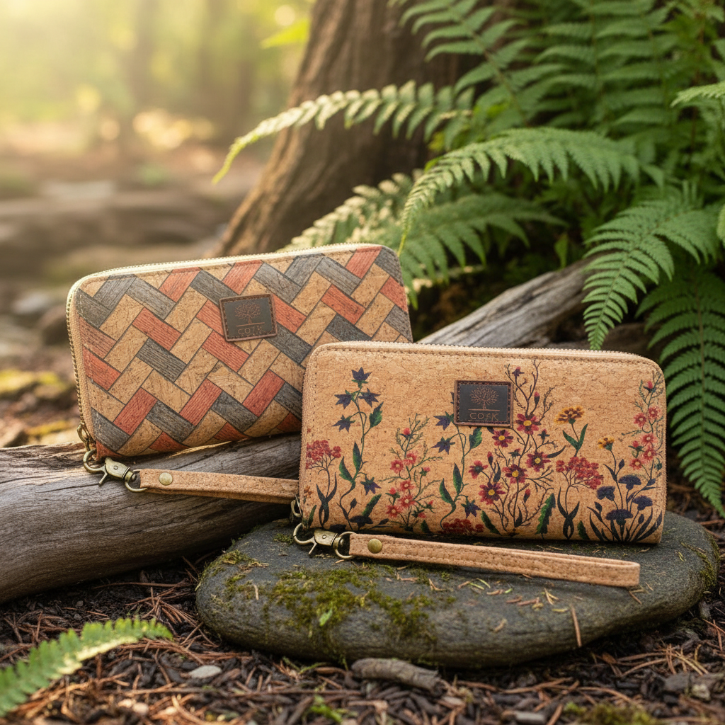 Natural cork women‚Äôs zipper wallet in geometric or floral  pattern with wrist strap