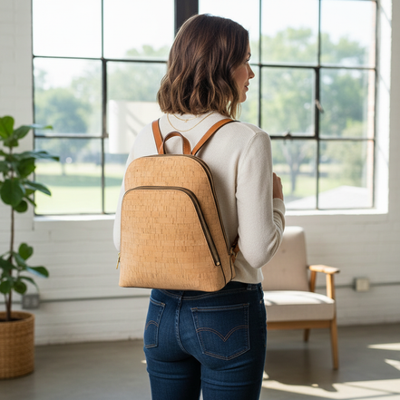 Woman wearing natural cork backpack